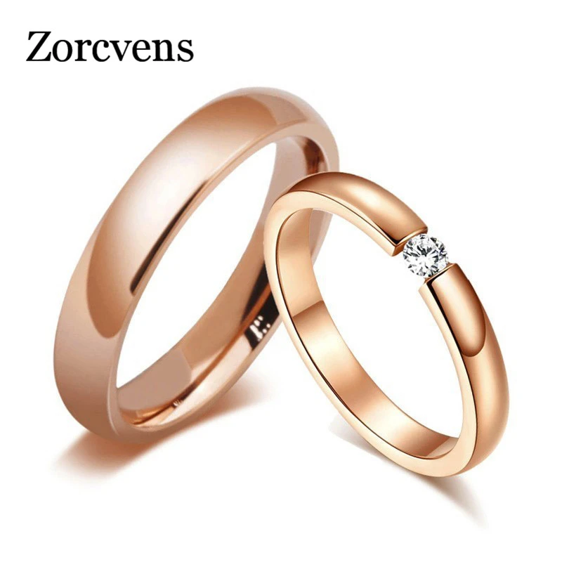 Modyle Trendy Bright 585 Rose Gold Tone Engagement Rings for Couples Stainless Steel with CZ Stone Men Women Wedding Bands