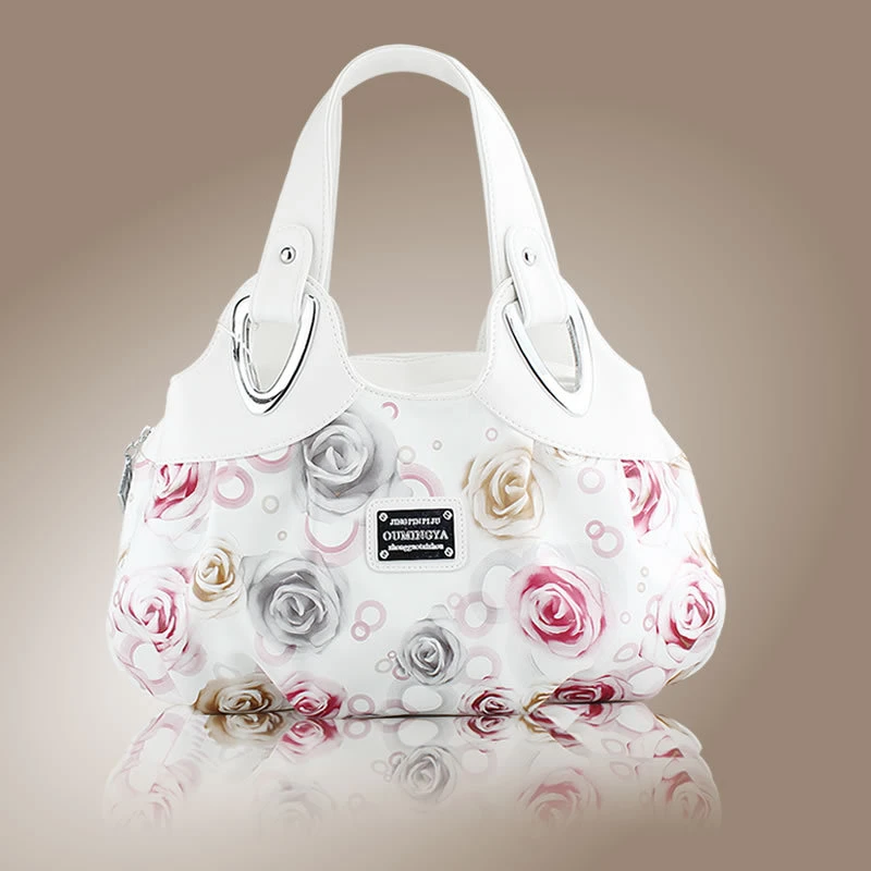 2020 Fashion handbag Women PU leather Bag Tote Bag Printing Handbags Satchel -Dream safflower + white Handstrap