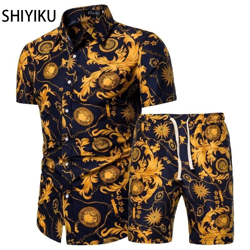 SHIYIKU 2021 Summer New Brand Men's Clothing Short-Sleeved Printed Shirts Shorts 2 Piece Fashion Male Casual Beach Wear Clothes