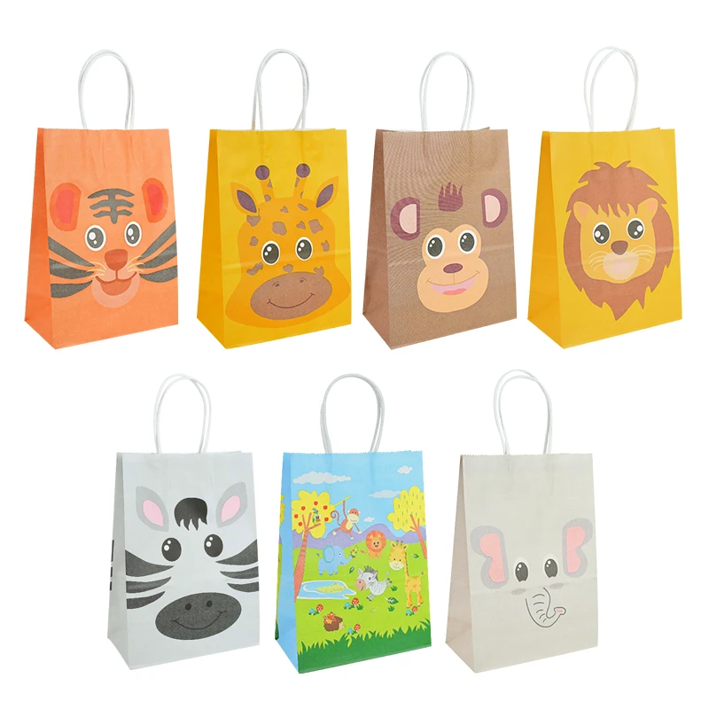 5pcs Jungle Safari Animals Gift Bag Handbags Kids Birthday Paper Bags Decoration Forest Theme Party Baby Shower Packaging Supply