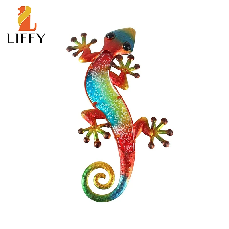 Metal Gecko Wall Decor with Glass for Home Garden Decoration and Miniatures Statues Outdoor Fairy Jardín Ornaments