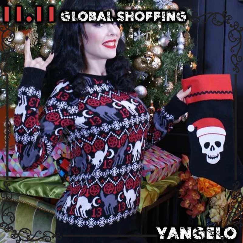 Yangelo Steampunk Y2K Girl's Sweater Gothic Christmas Knitted Pullover Snowflake Dark Academia Autumn Tops for Techwear Women