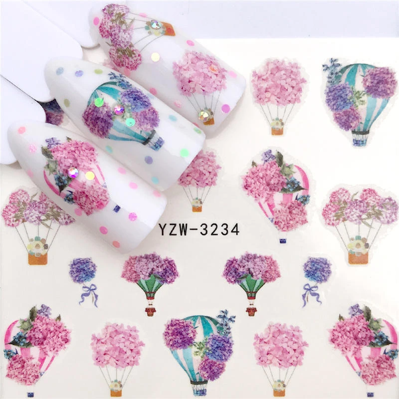 ZKO 2021 New Arrival Hot Air Balloon / Lavender / Flower Nail Water Decals Tranfer Sticker  Nail Art Decoration