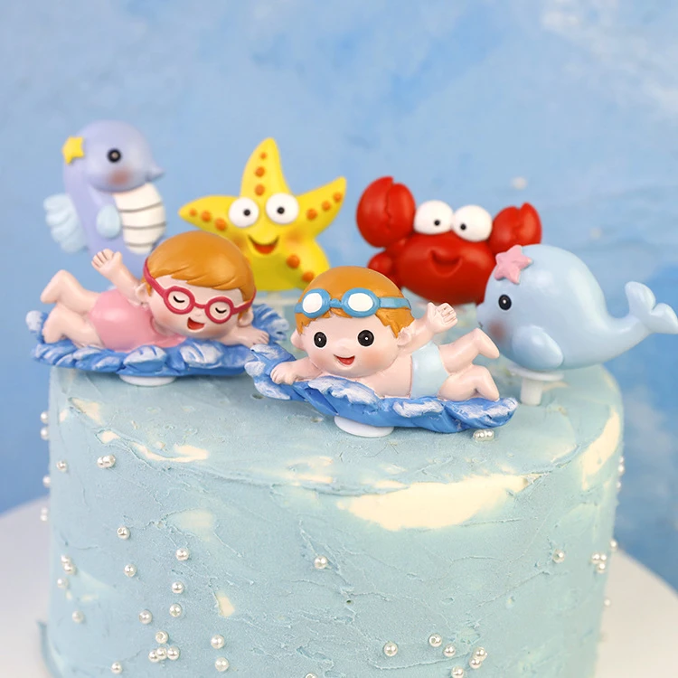 Ocean Party Cake Topper Swimming Boy Cake Decor Crab Seastar Seahorse Baby1st Birthday Cupcake Decor Happy Birthday Decor Kid