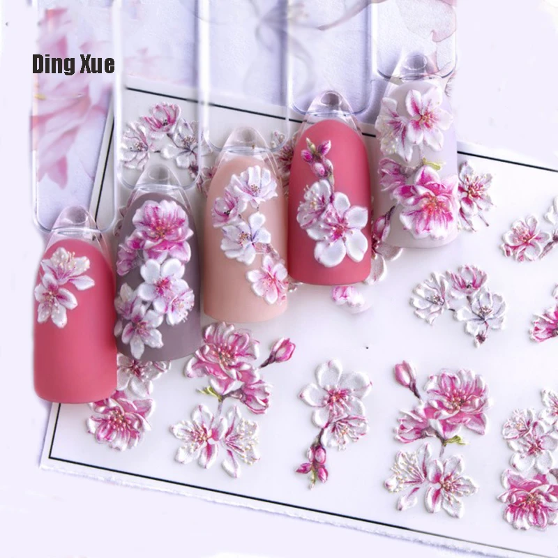 1pc 3D Acrylic Engraved  Nail Sticker Embossed White&Pink Color Flower Water Decals Empaistic Nail Water Slide Decals Z0342