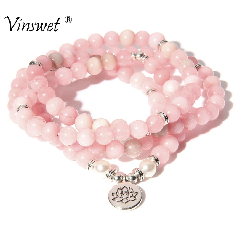 Natural Stone Bracelet Women 108 Mala Yoga Necklace Pink Jades beads Bracelets for Women Fashion Jewelry 2019