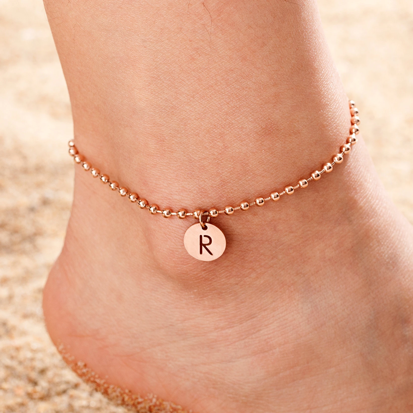 Fashion Women A-Z Initial Anklet Stainless Steel Beaded Chain Beach Anklet Bracelet Girl Letter name Leg Chain Jewelry charm hot