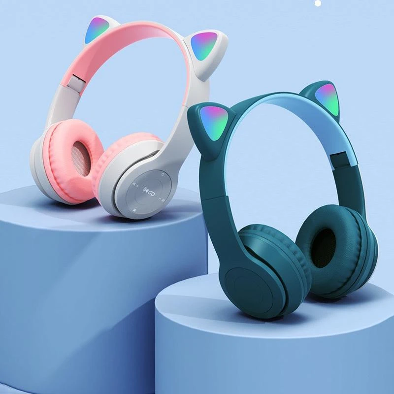 Headphones Bluetooth-compatible Headset Earphone Wireless LED Kid Girl Stereo Foldable Sport Earphone Mic Headset Cute Cat Ears