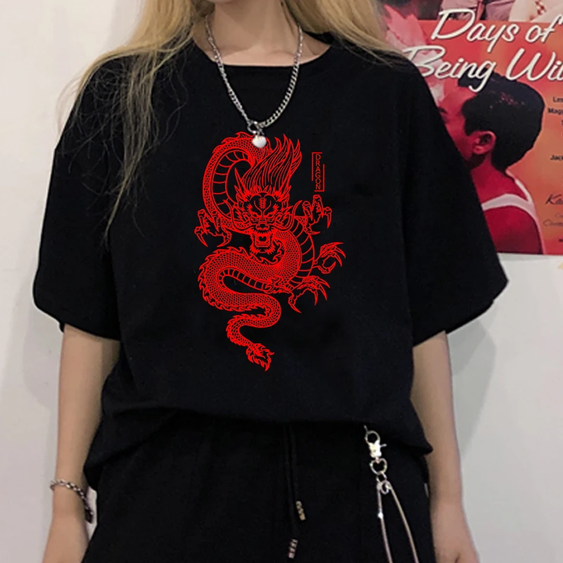 Punk women's t-shirt vintage Chinese dragon print loose top summer new Harajuku O-neck short-sleeved T-shirt Gothic Streetwear