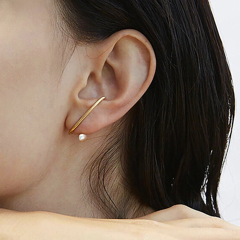 SRCOI Simple Geometric Curved Metal Linear Earrings Minimalist Imitation Pearl Earrings Fashion For Women Girl Party Jewelry