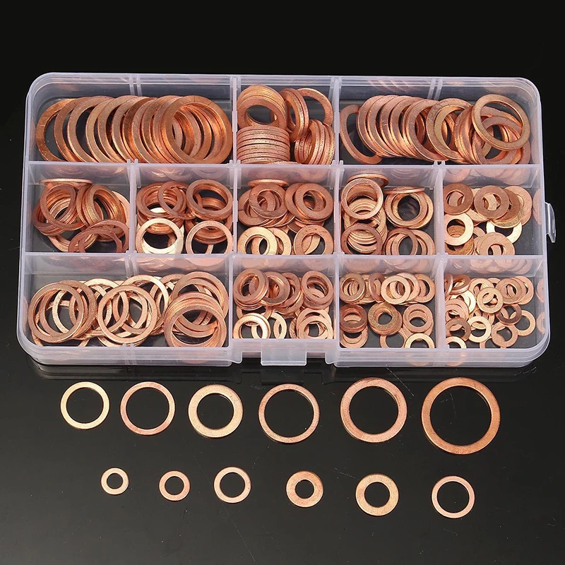 200 Pcs Copper Sealing Solid Gasket Washer Sump Plug Oil For Boat Crush Flat Seal Ring Tool Hardware M5/M6/M8/M10/M12/M14 Pack