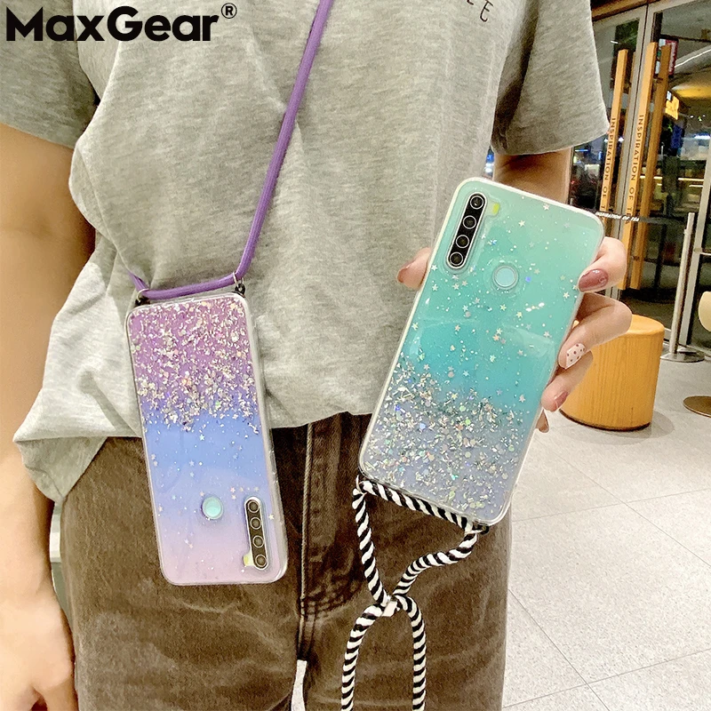 Glitter Sequin Case For Xiaomi Redmi Note 9S 9 S 8T 8 T 7 Pro 8A 7A K30 10X Mi 9T 10 Lite Soft TPU Cover+Crossbody Lanyard Strap