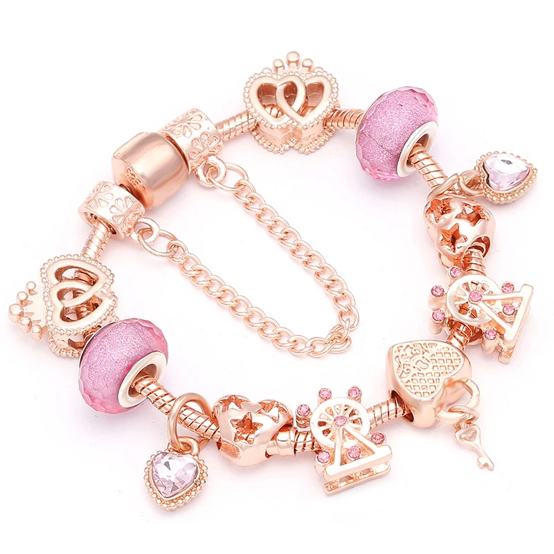 BAOPON New Heart & Key Pendant Rose Gold Color Fine Bracelets & Bangles Ferris Wheel Beads Charm Bracelet For Women Jewelry Gift