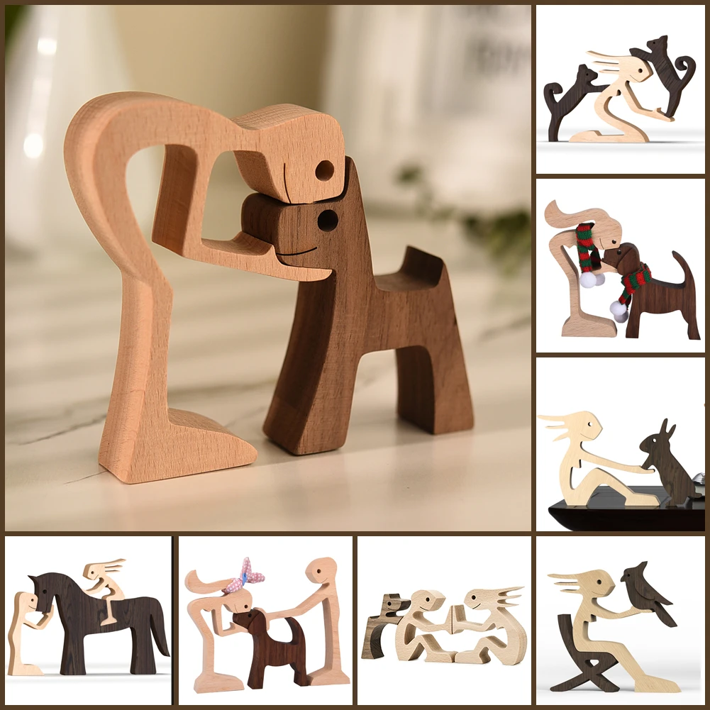 Family Puppy Wood Dog Craft Figurine Desktop Table Ornament Carving Model Creative Home Office Decoration Love Pet Sculpture