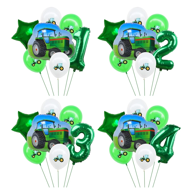 7pcs Tractor Digital Balloons Set Green Construction Car Foil Balloon Boys Gifts Birthday Party Decor Kids Toys Home Supplies