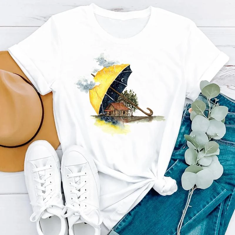 Summer Cartoon Watercolor Travel 2021 Cartoon Short Sleeve Women Fashion Clothes Print Tshirt Female Tee Top Graphic T-shirt