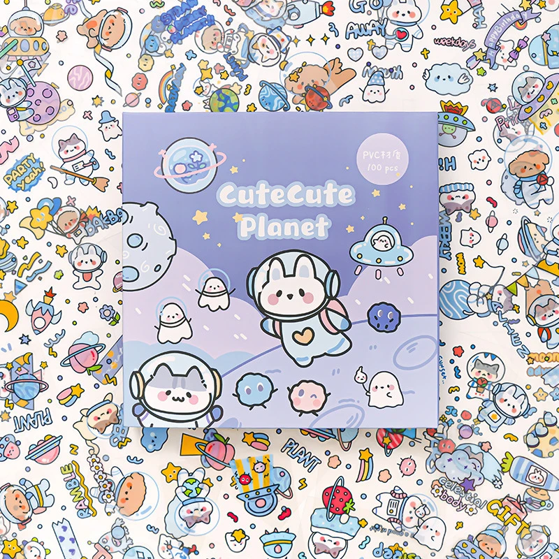 100 Sheets Set Cartoon Cute Transparent Paper Journal Stickers for Album Life Daily Planner Mobile Phones Water Bottles