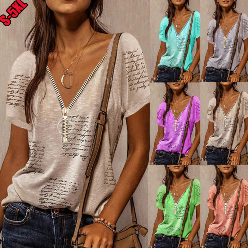 2021 Summer Women T-Shirt Fashion Urban Leisure New Loose Zipper Pullover V-Neck Printing Irregular Stitching Short-Sleeved Top