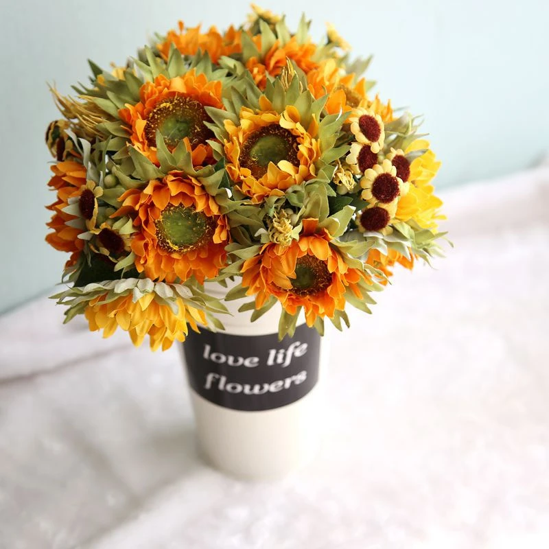 Autumn Decoration 5 Heads Yellow Sunflower Silk Artificial Flowers Bouquet For Home Decoration Office Party Garden Decor