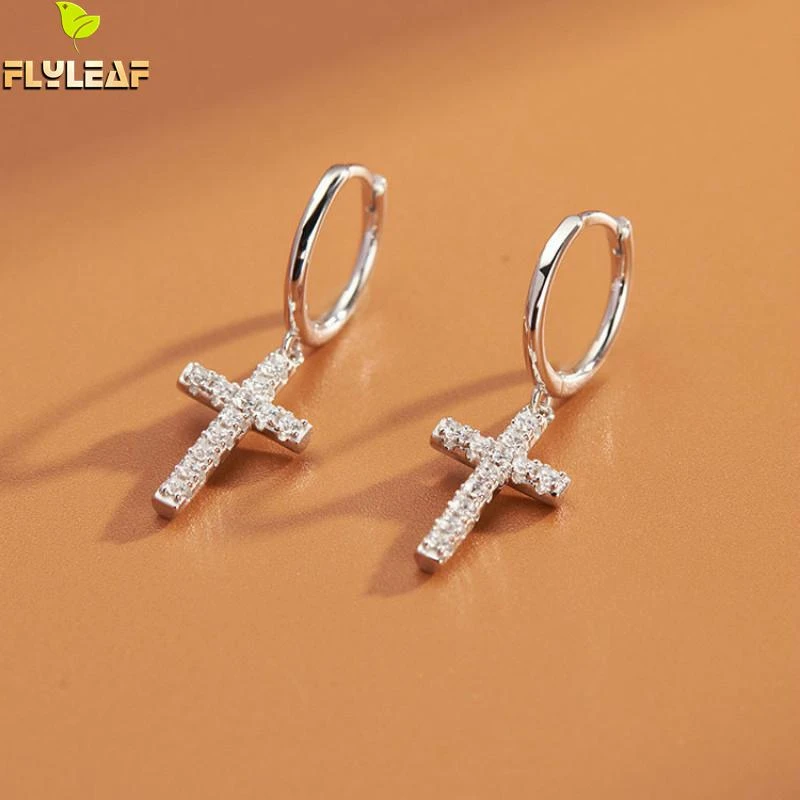 Real 925 Sterling Silver Zircon Cross Hoop Earrings For Women Fashion Female Luxury Jewelry Girl Student Accessories Flyleaf New