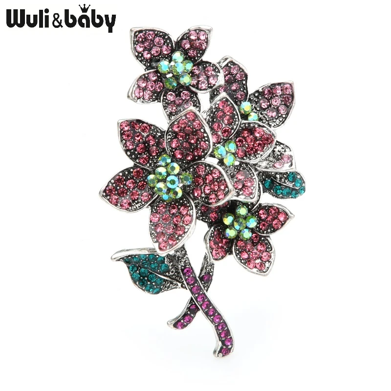 Wuli&baby Vintage Full Rhinestone Flower Brooches Women Alloy Pink Green Flower Weddings Casual Brooch Pins Gifts