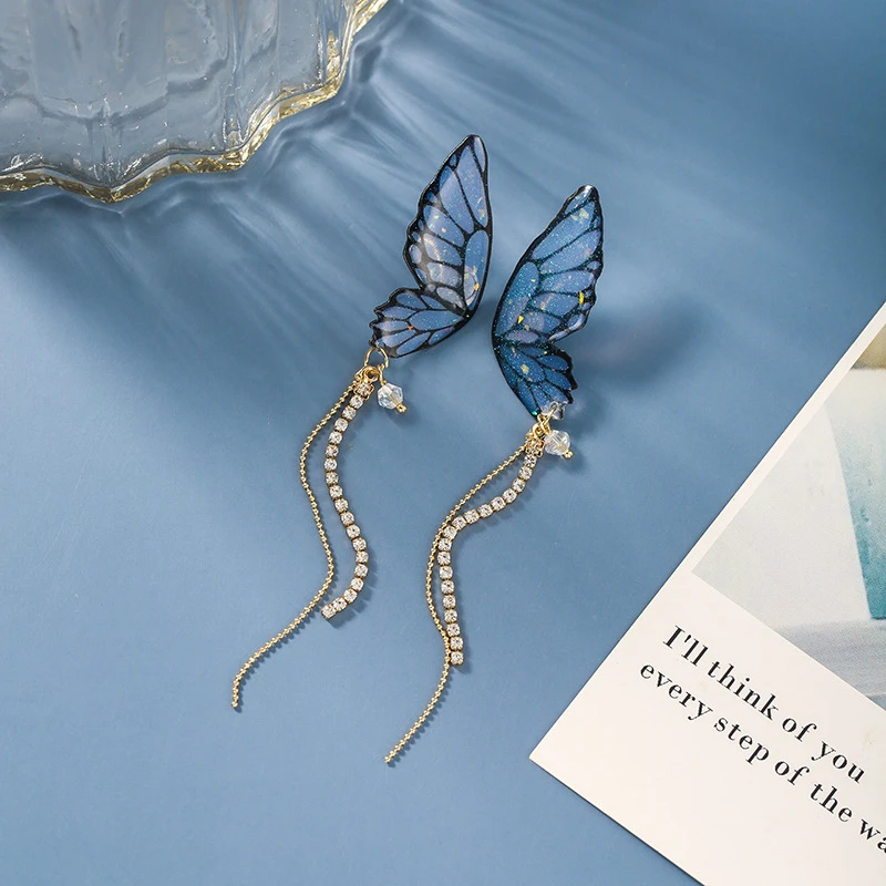 2020 New fashion fine blue butterfly modelling sweet Women earrings joker Long tassels shiny crystal senior Drop earrings