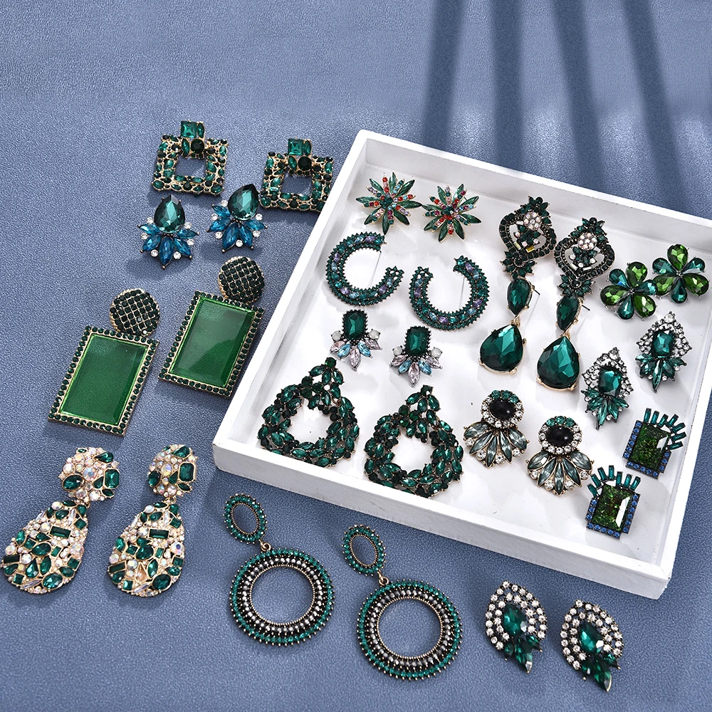Ztech Za Earrings New Green Color Crystal/Rhinestone Long Geometric Pendant Drop Earrings Vintage Jewelry Accessories For Women