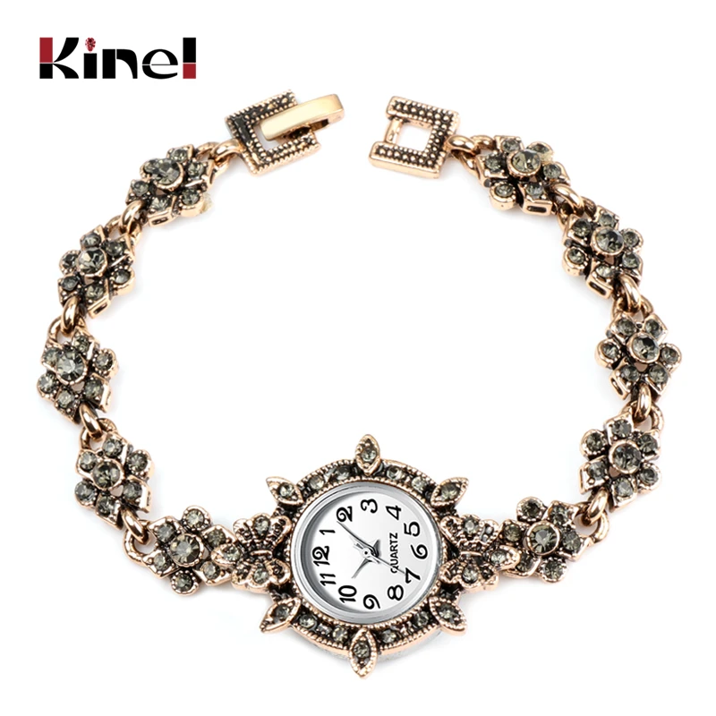 Kinel Charm Turkish Women Watch Link Bracelet Antique Gold Gray Crystal Bohemia Ethnic Wedding Bridal Vintage Jewelry