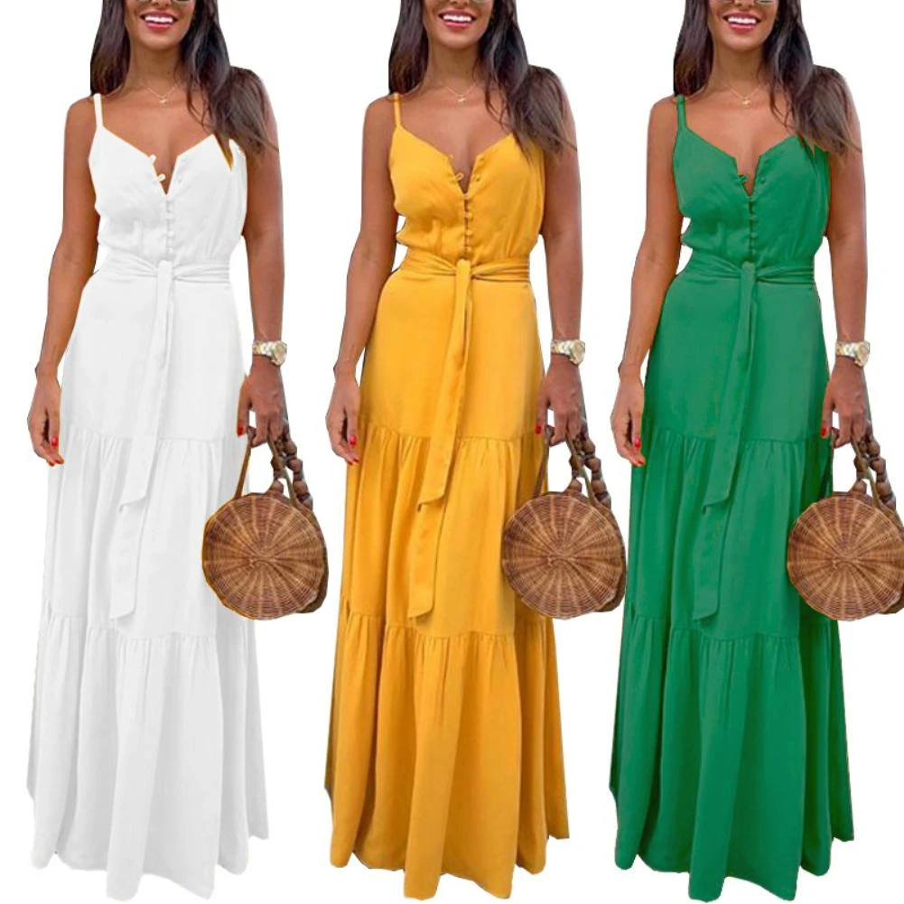 Plus Size dress Sexy Women Maxi Dress Bohemian Sleeveless Dresses Women V-neck Solid Sleeveless Belted Maxi dresses for women