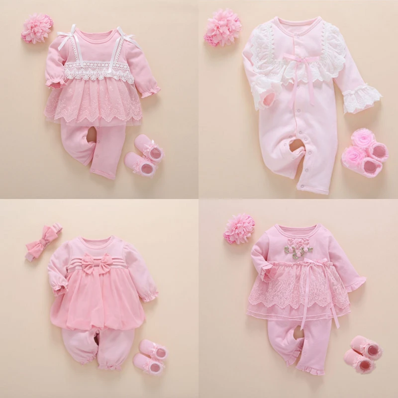 Newborn Baby Girl Clothes Fall Cotton Lace Princess Style Baby Jumpsuit 0-3 Months Infant Romper With Socks Headband ropa bebe