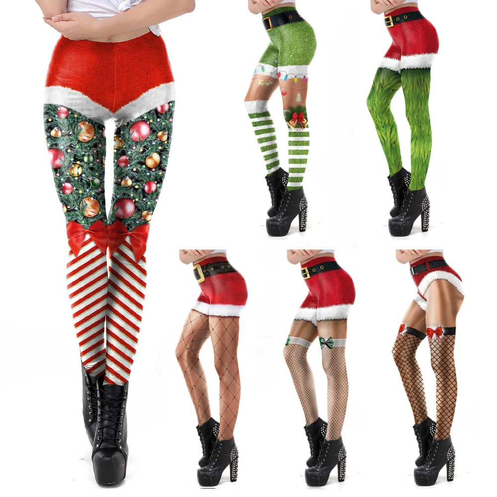VIP FASHION Christmas Belt Leggings Gift Autumn Winter Festival Legging Plus Size Women 3D Stripe Sexy High Waist Skinny Leggins