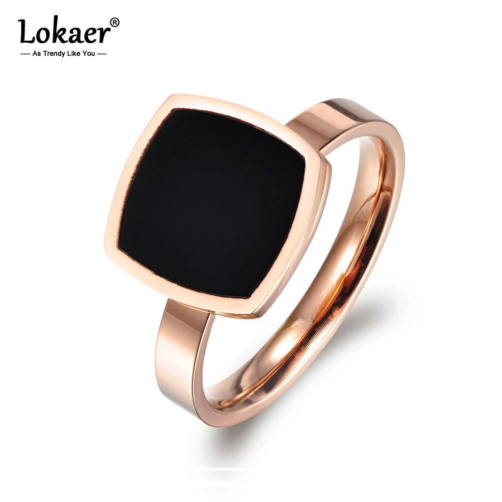 Lokaer Famous Design Titanium Stainless Steel Ring Jewelry Rose Gold Square Black Acrylic Wedding Women Rings Anillos R17044