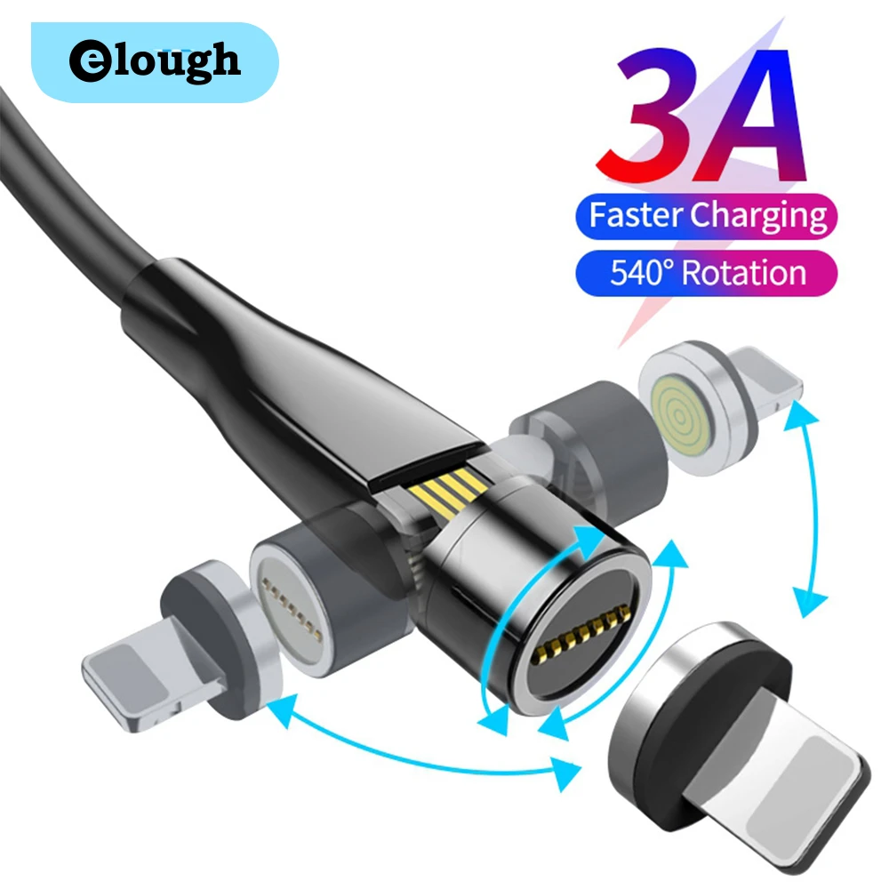 Elough 540 Rotate Magnetic Cable 3A Micro USB Type C Fast Magnetic charger Charging Cable for iPhone 11 Xr Samsung Huawei Xiaomi