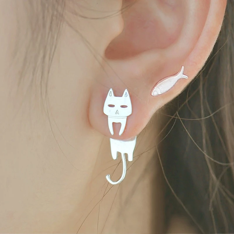 Huitan Cute Cat and Fish Stud Earrings for Women Asymmetric Design Unusual Earrings Girls Gift Female Fashion Jewelry Wholesale