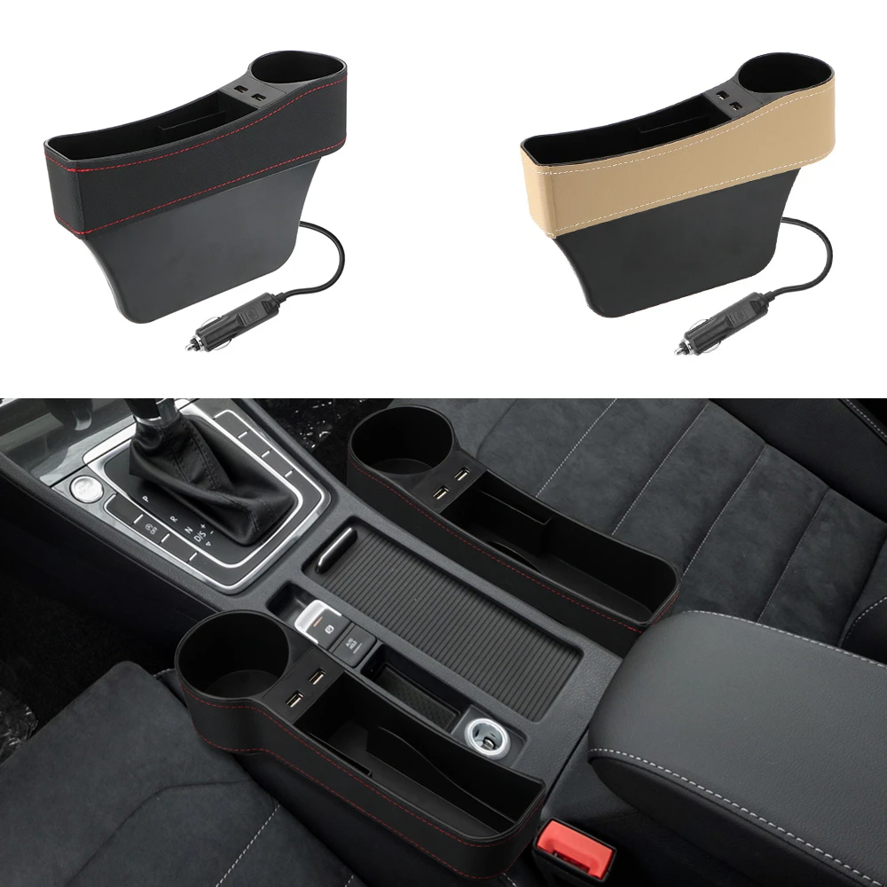 Leather Car Seat Gap Storage Box Seat Gap Slit Box Car Accessories Car Organizer Phone Bottle Cups Holder Box Dual USB Charger