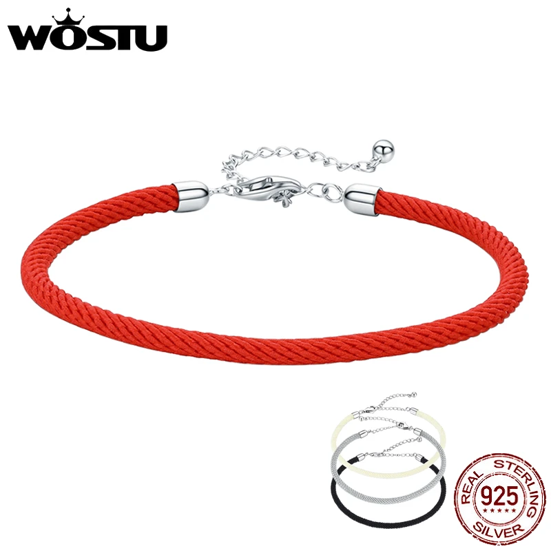 WOSTU 100% Real 925 Sterling Silver Red Black Gray White Rope Bracelet Classic Lucky Bangle Fit Beads Charms DIY Jewelry Making