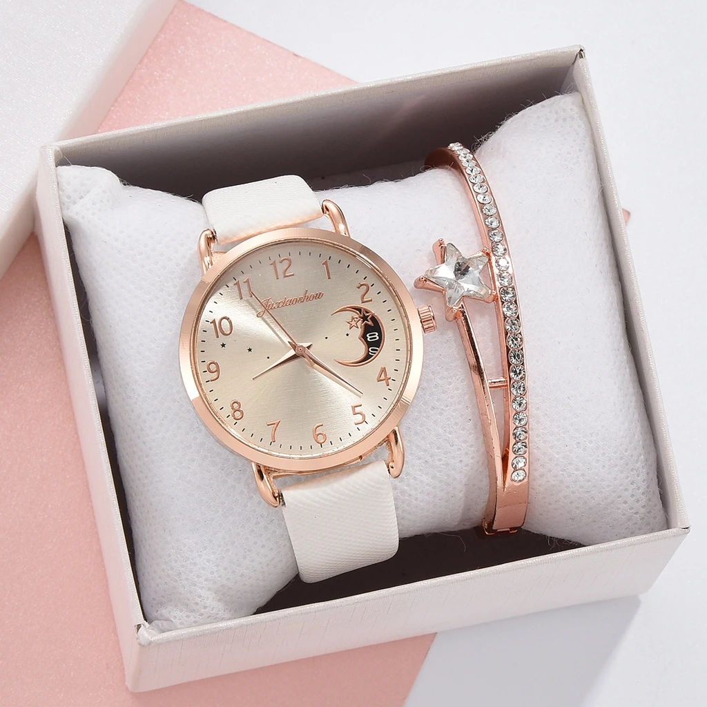 Women Watch Moon Numbers Dial Bracelet Watches Set Ladies Leather Band Quartz Wristwatch Women Female Clock Relogio Mujer Hot