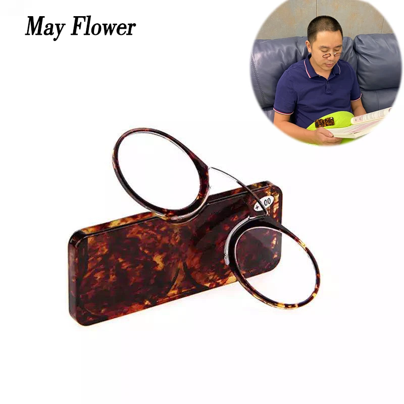 May Flower Mini Nose Clip Reading Glasses Portable Wallet Prescription Eyewear Men&Women Without Sideburns Pince-nez With Case+1