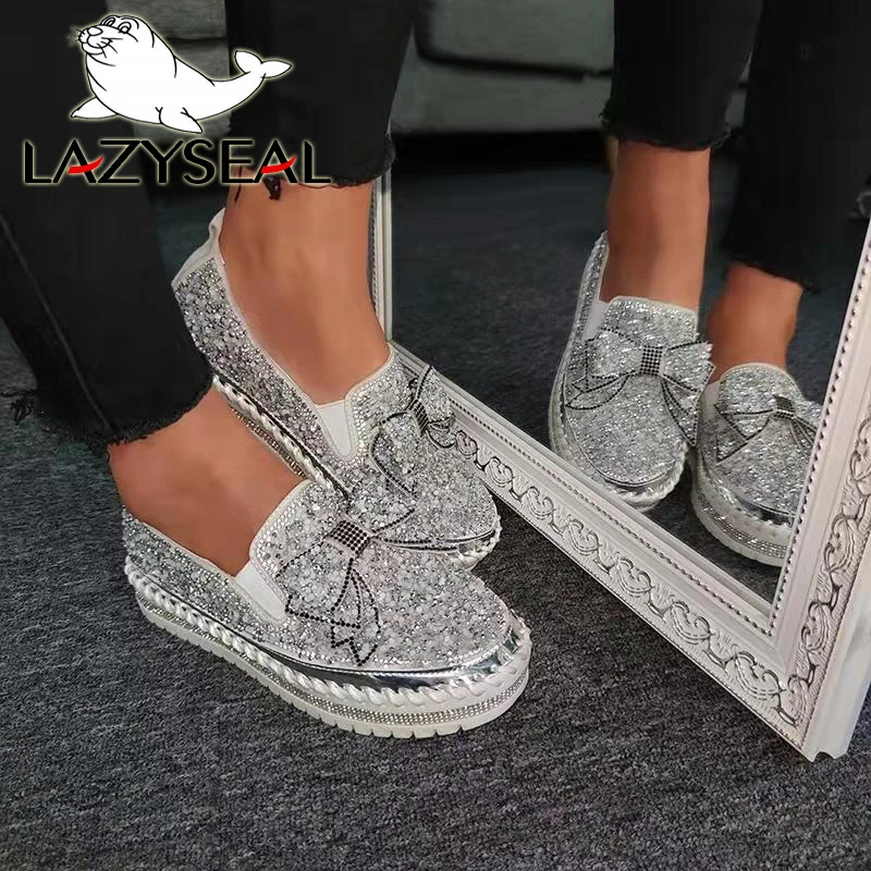 LazySeal Sequins Diamonds Women Flats Bling Woman Shoes Rhinestone Ladies Casual leather Shoes Round Toe Slip-on Platform Shoes