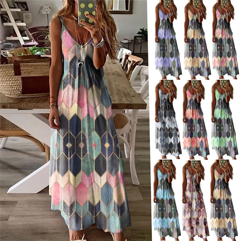 Women Printed Sleeveless Long Dresses Summer Casual V-Neck Camisole A-Line Camisole Maxi Dress Female Party Dress Plus Size 5XL