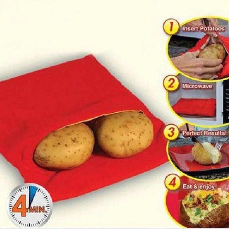 1PC NEW Red Washable Cooker Bag Baked Potato Microwave Cooking Potato Quick Fast (cooks 4 potatoes at once) Kitchen Accessories