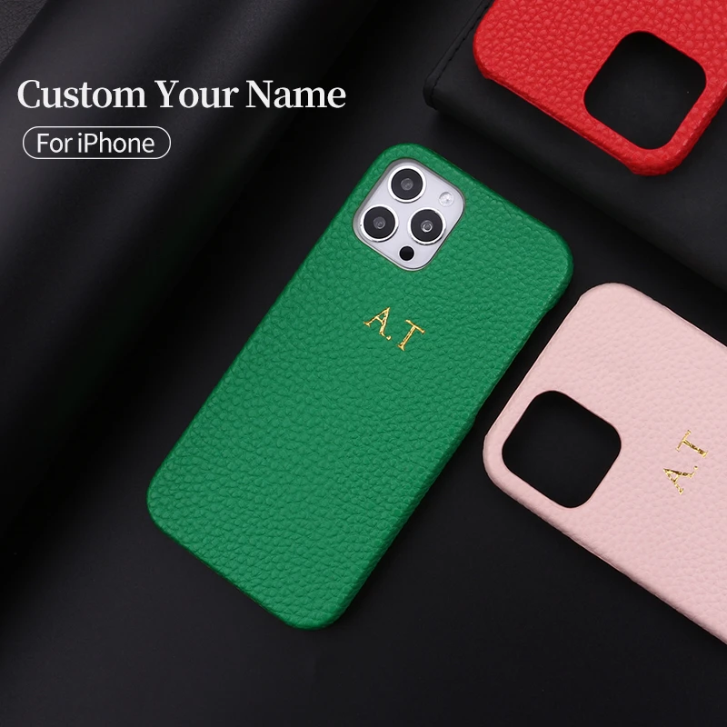 Personalization Custom Initial Name Pebble Grain Leather Phone Cover For iPhone 12 11 13 Pro X XR XS Max 7 8 Plus DIY Phone Case