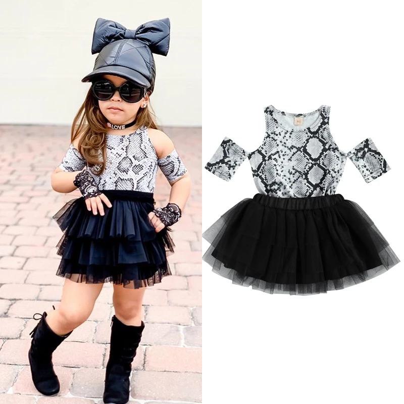 FOCUSNORM 2021 Fashion Kids Girls Clothes Sets Snakeskin Print Off Shoulder T Shirts Tops Lace Tutu Skirts 2pcs 1-6Y