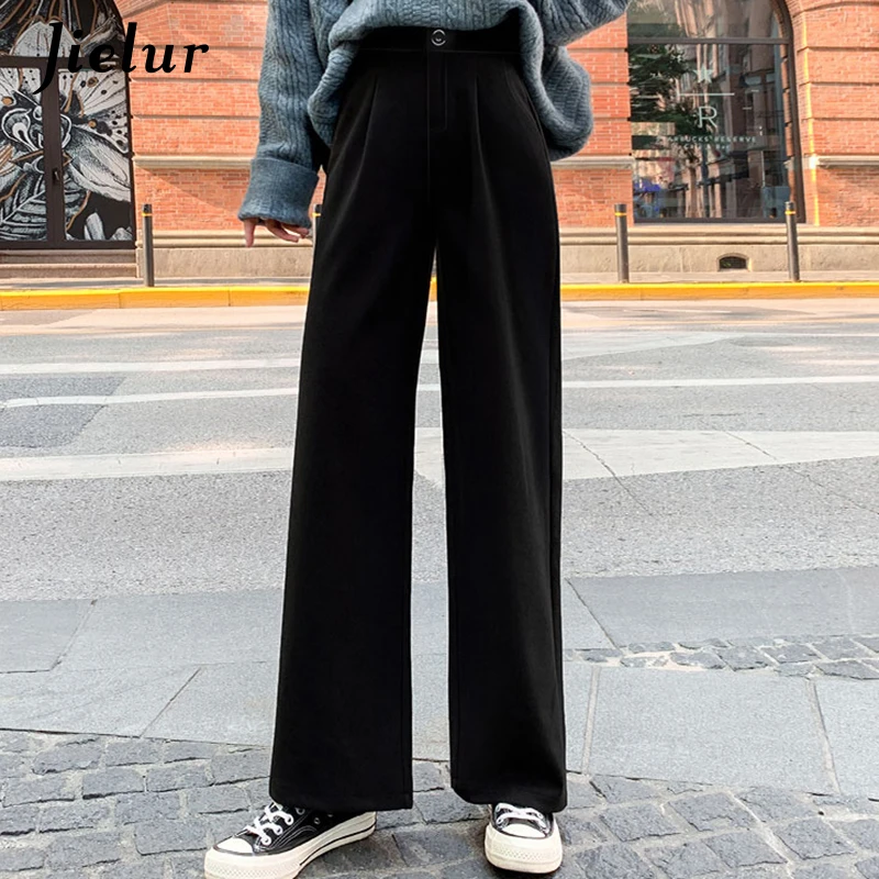 Jielur New Korean Style Wide Leg Pants Women's Winter Loose Straight Pants Female High Waist Fashion Black Woolen Trousers M-XXL