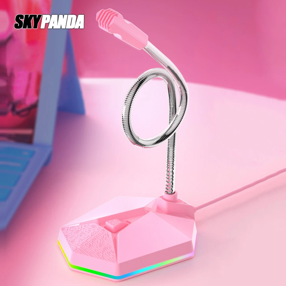 Pink USB Microphone Free Drive HD Sound Card Noise Reduction RGB Light-emitting Gaming Mike For Computer Gamer