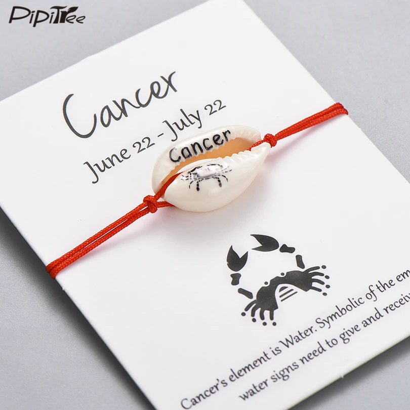 Pipitree Natural Shell Constellations 12 Zodiac Signs Bracelet Wish Gift Lucky Red String Charm Bracelets Women Men Kids Jewelry