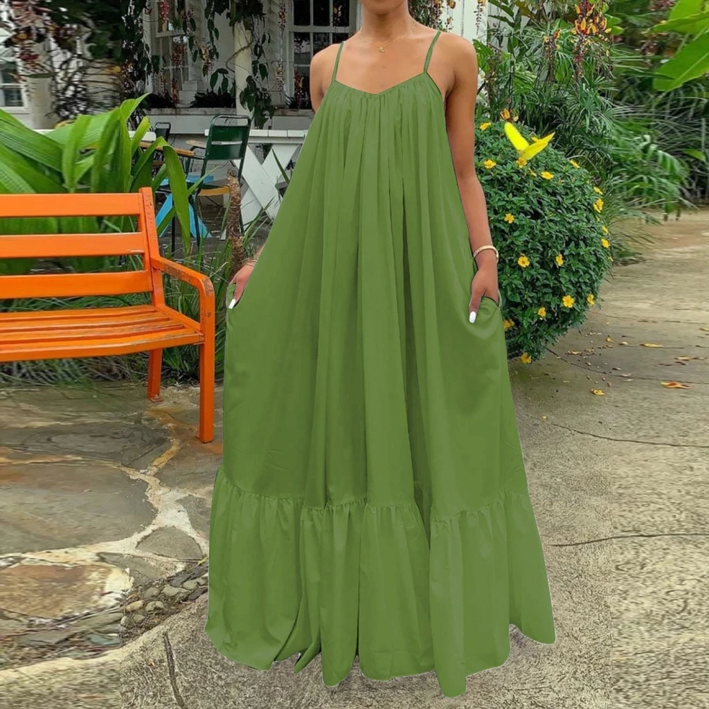 Oversized Maxi Dresses A-line Solid Strap Dress Pocket Loose Backless Dress Women Fashion Casual Vintage Sexy Femme Robe Lady