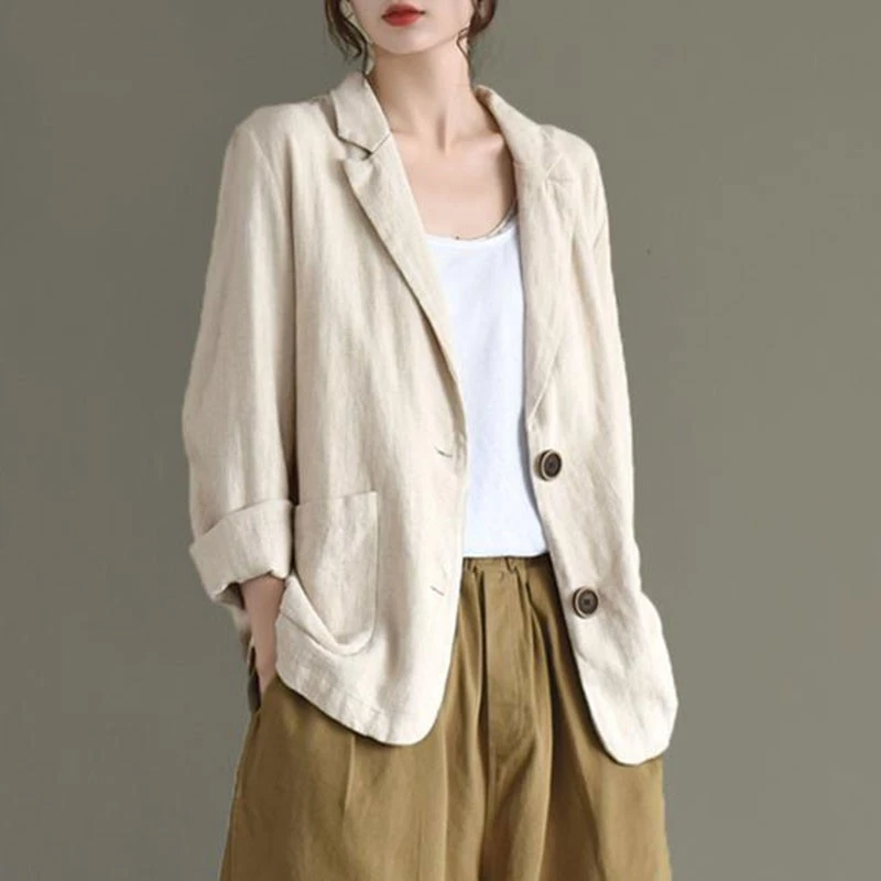 Women Cotton Linen Casual Blazer Jackets New 2021 Spring Simple Style Vintage Solid Color Loose Female Outerwear Coats S3616