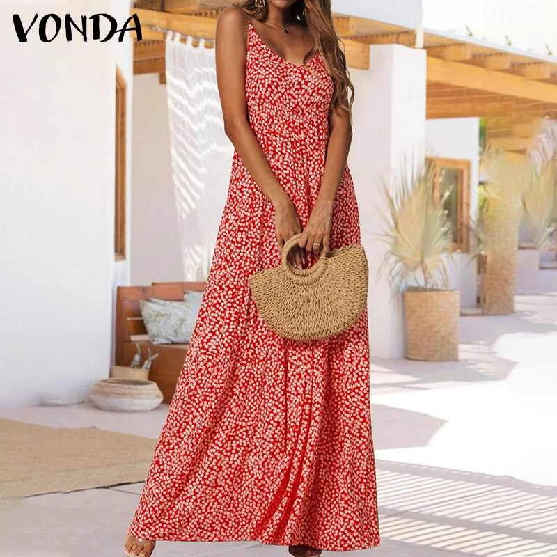 VONDA Women Dress Summer Sexy O Neck Sleeveless Long Maxi Dresses Vintage Floral Print Bohemian Vestidos Summer Sundress S-