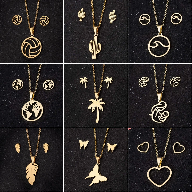 Gold Stainless Steel Necklaces for Women Cute Butterfly Cactus Coconut Feather Necklace Fashion Jewelry brincos brinco